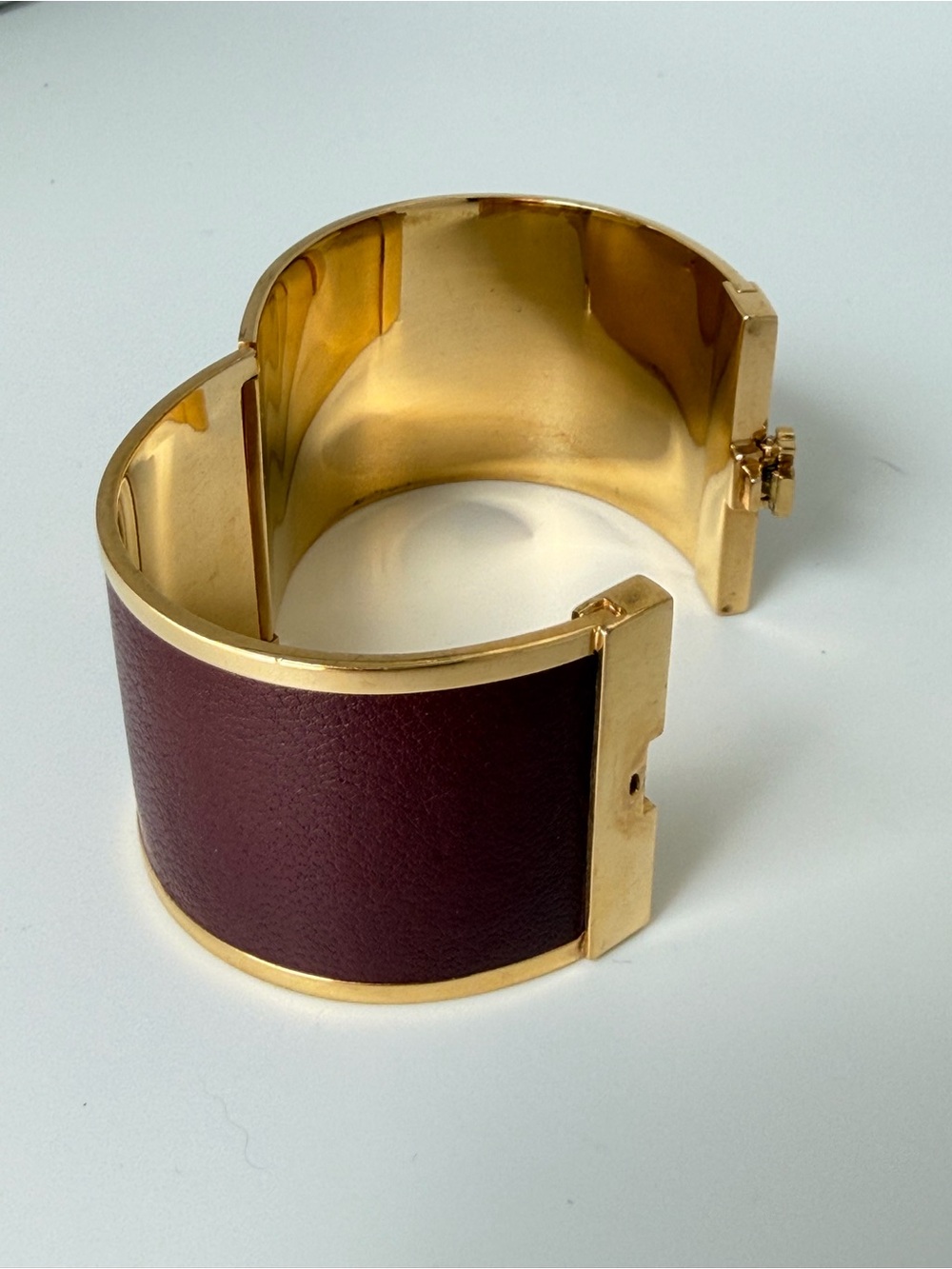 Tory Burch Burgundy Leather Gold Tone Wide Cuff Bracelet - Picture 3 of 9